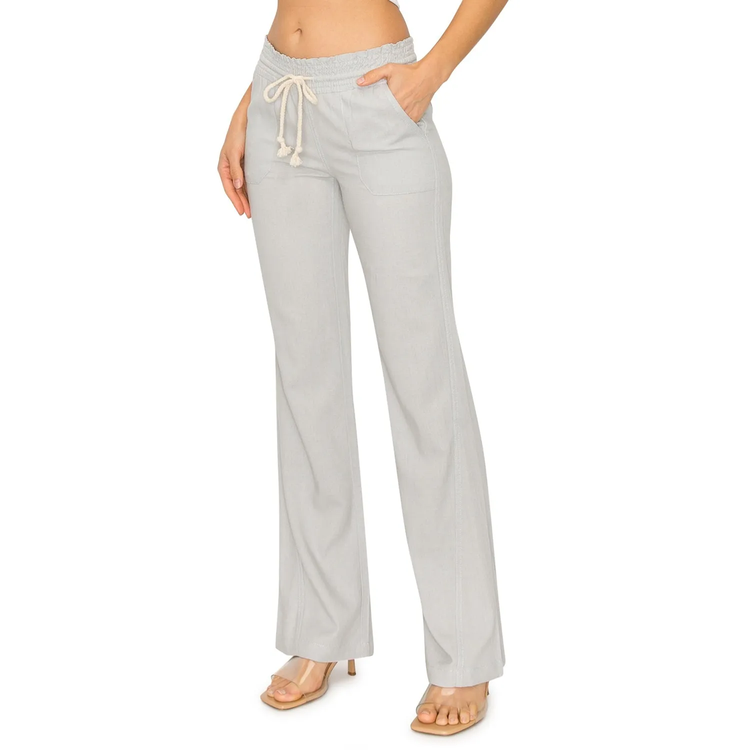 Linen Pants 32" Inseam Drawstring Smocked Waist Beach Pants - Light Grey