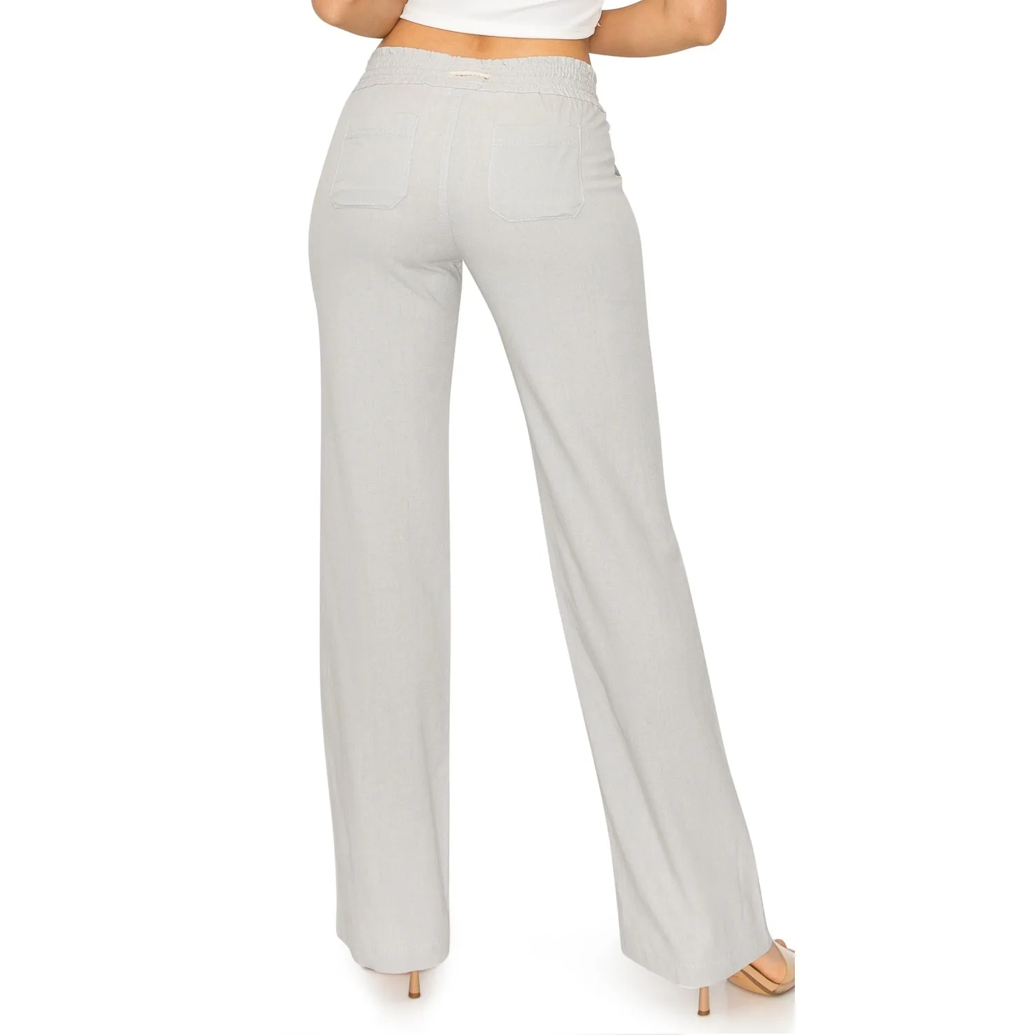 Linen Pants 32" Inseam Drawstring Smocked Waist Beach Pants - Light Grey