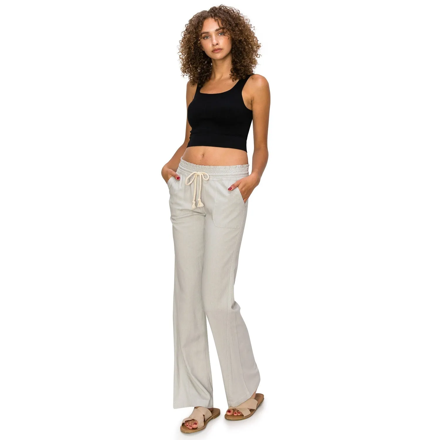 Linen Pants 32" Inseam Drawstring Smocked Waist Beach Pants - Light Grey