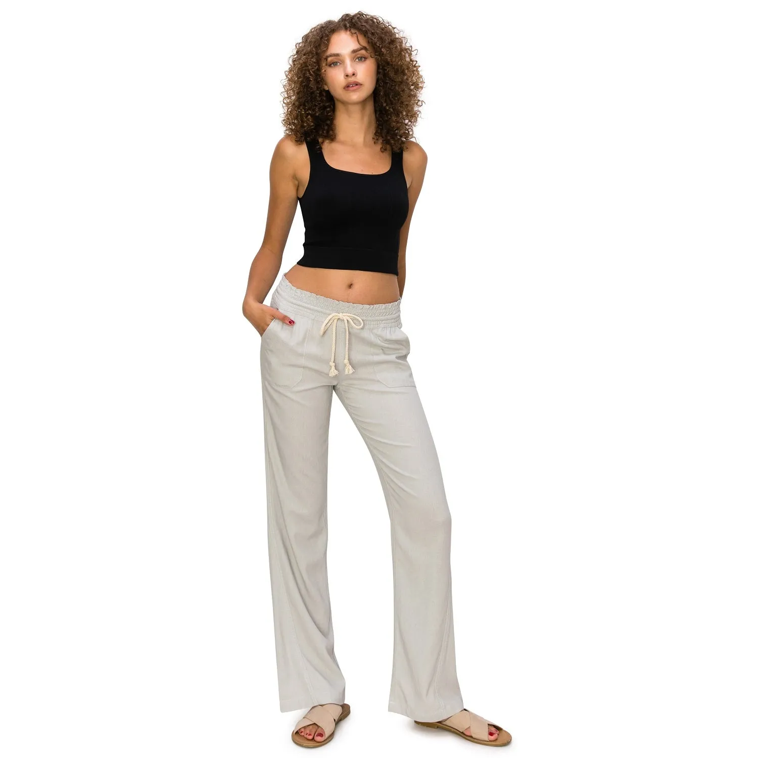 Linen Pants 32" Inseam Drawstring Smocked Waist Beach Pants - Light Grey