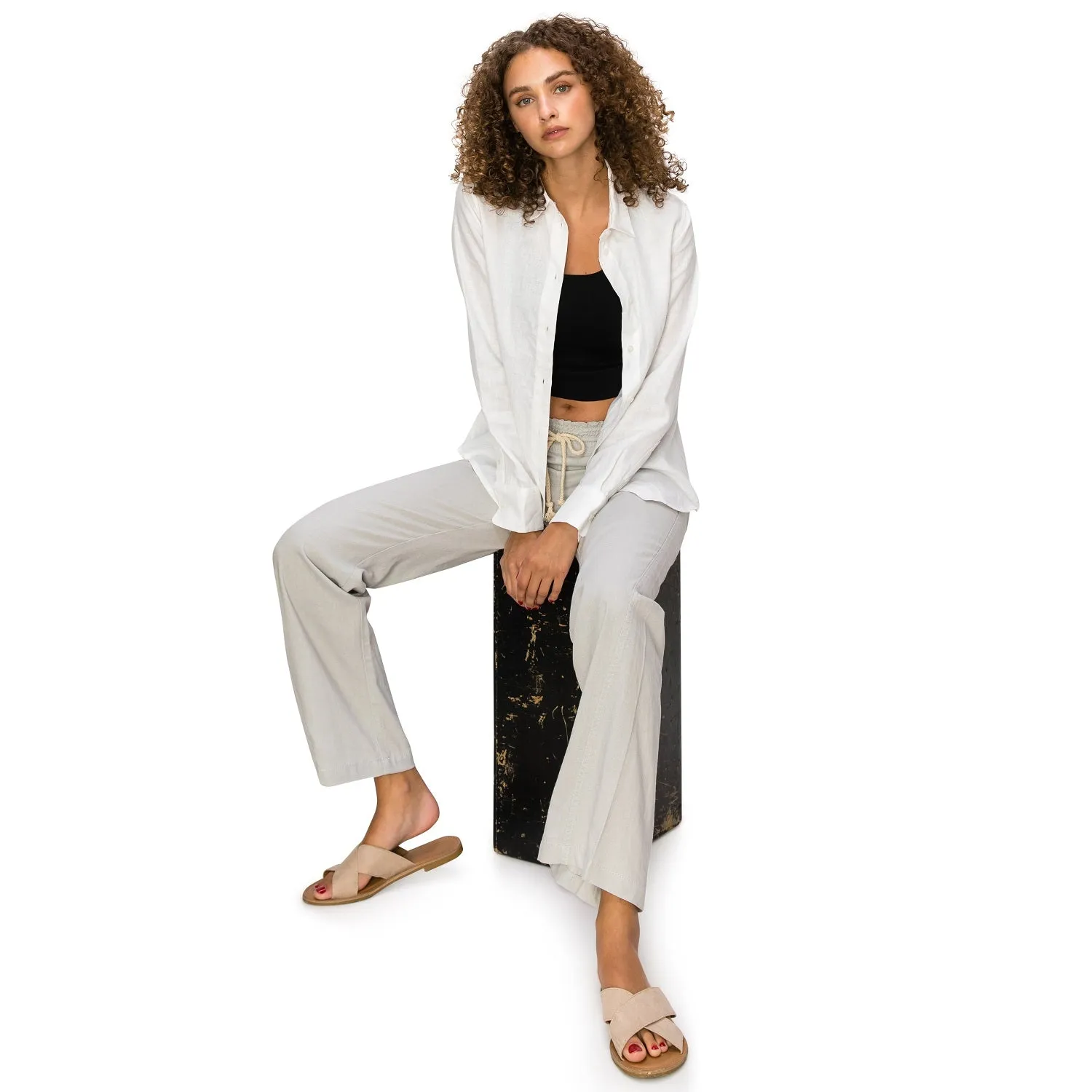 Linen Pants 32" Inseam Drawstring Smocked Waist Beach Pants - Light Grey