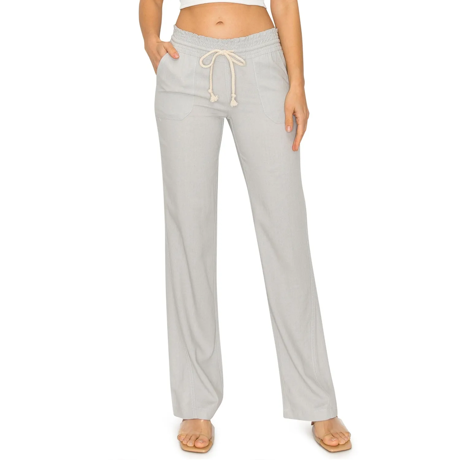 Linen Pants 32" Inseam Drawstring Smocked Waist Beach Pants - Light Grey