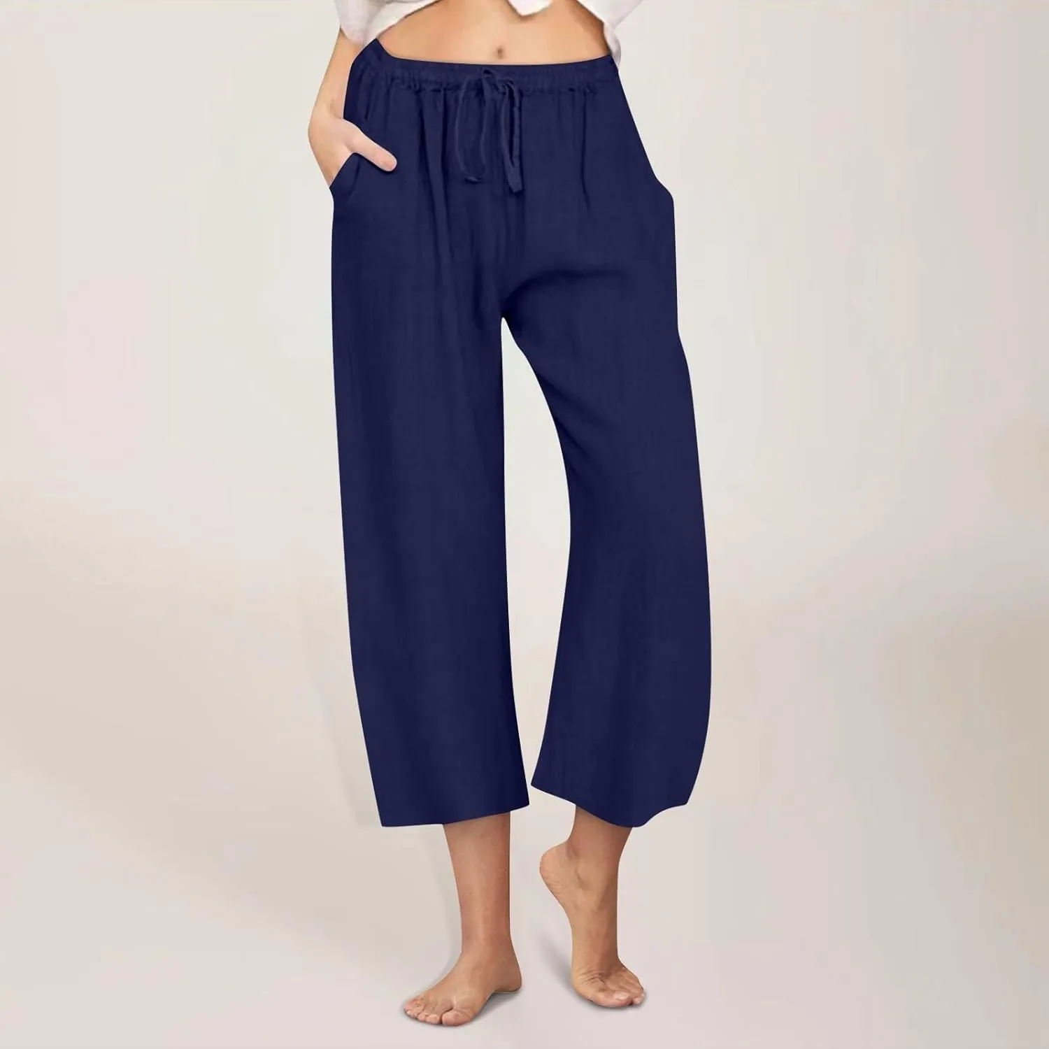 Linen Pants for Women Soft Casual Drawstring Elastic Waist Loose Pants Wide Leg Lounge Trouser Summer Beach Outfits