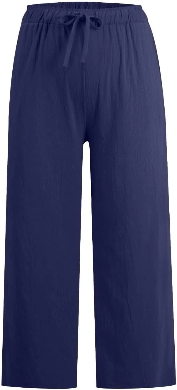 Linen Pants for Women Soft Casual Drawstring Elastic Waist Loose Pants Wide Leg Lounge Trouser Summer Beach Outfits