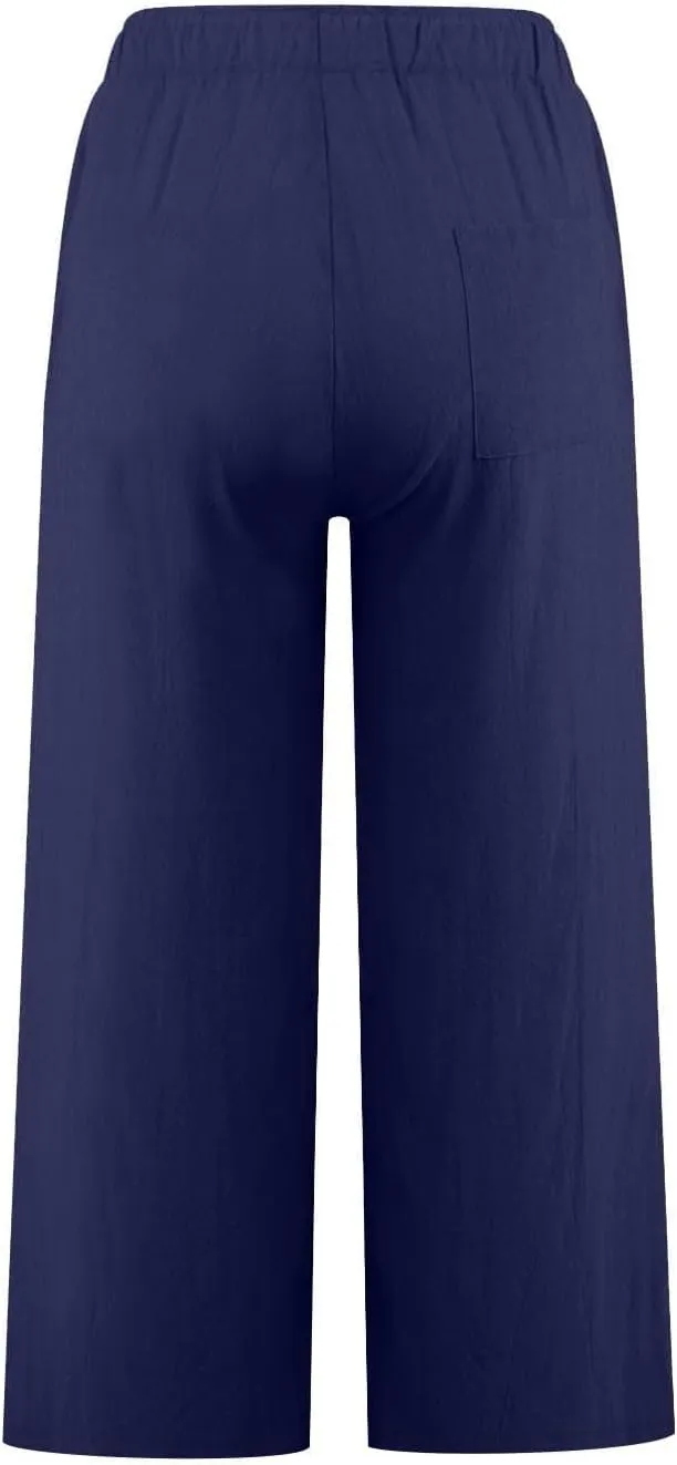 Linen Pants for Women Soft Casual Drawstring Elastic Waist Loose Pants Wide Leg Lounge Trouser Summer Beach Outfits