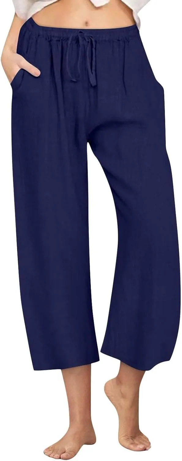 Linen Pants for Women Soft Casual Drawstring Elastic Waist Loose Pants Wide Leg Lounge Trouser Summer Beach Outfits
