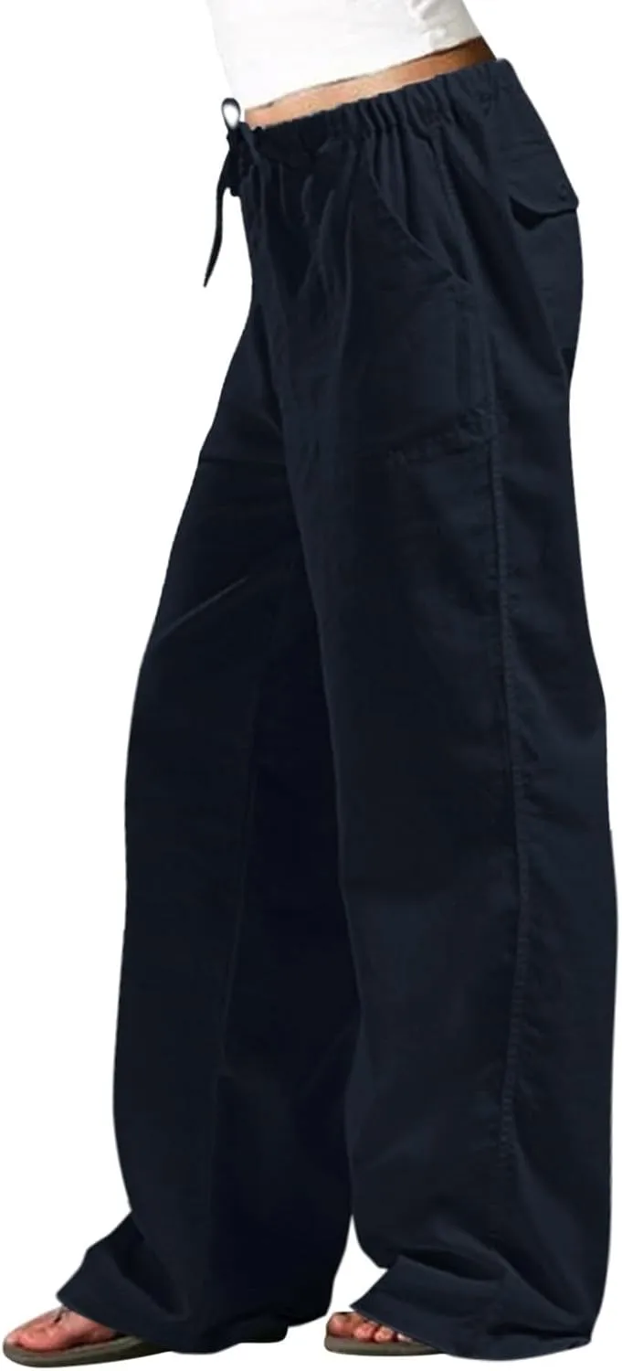 Linen Pants Women Elastic Waisted Baggy Drawstring Wide Leg Pant Solid Streetwear Summer Lounge Trousers with Pockets