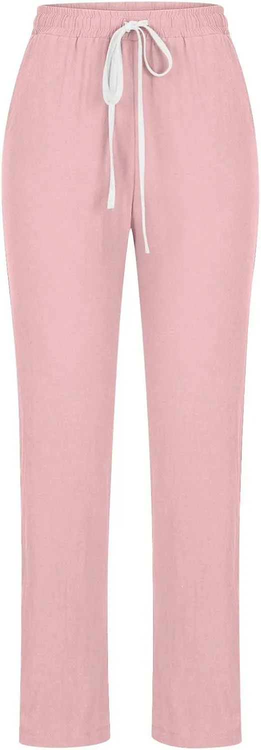 Linen Pants Women Straight Leg Drawsrting Pants Summer Casual High Waisted Wide Leg Cotton Trousers with Pockets