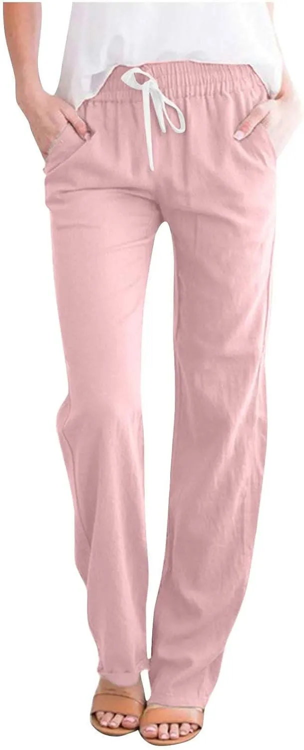 Linen Pants Women Straight Leg Drawsrting Pants Summer Casual High Waisted Wide Leg Cotton Trousers with Pockets