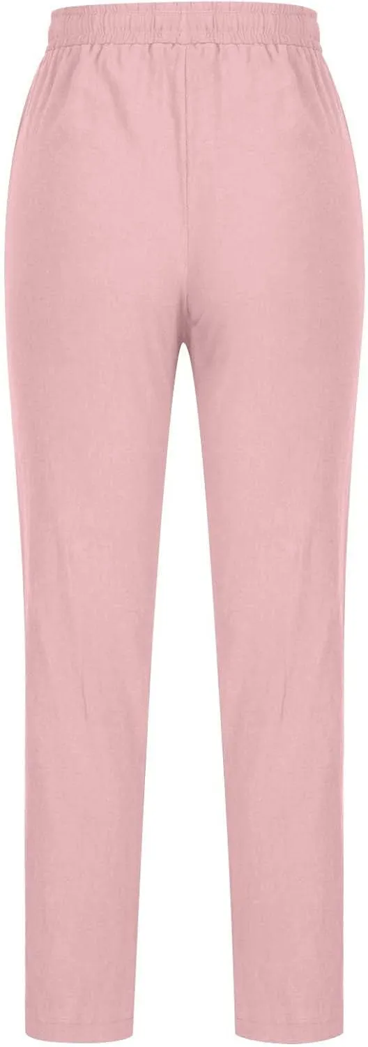 Linen Pants Women Straight Leg Drawsrting Pants Summer Casual High Waisted Wide Leg Cotton Trousers with Pockets