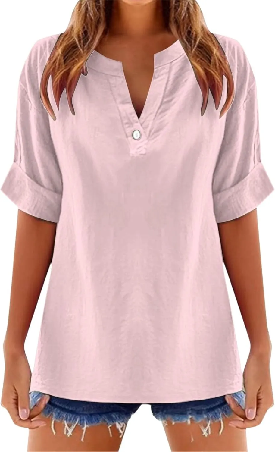 Linen Tops for Women Loose Fitting Summer V Neck Casual Blouses Short Sleeve T Shirts Spring Outfits Trendy Clothes