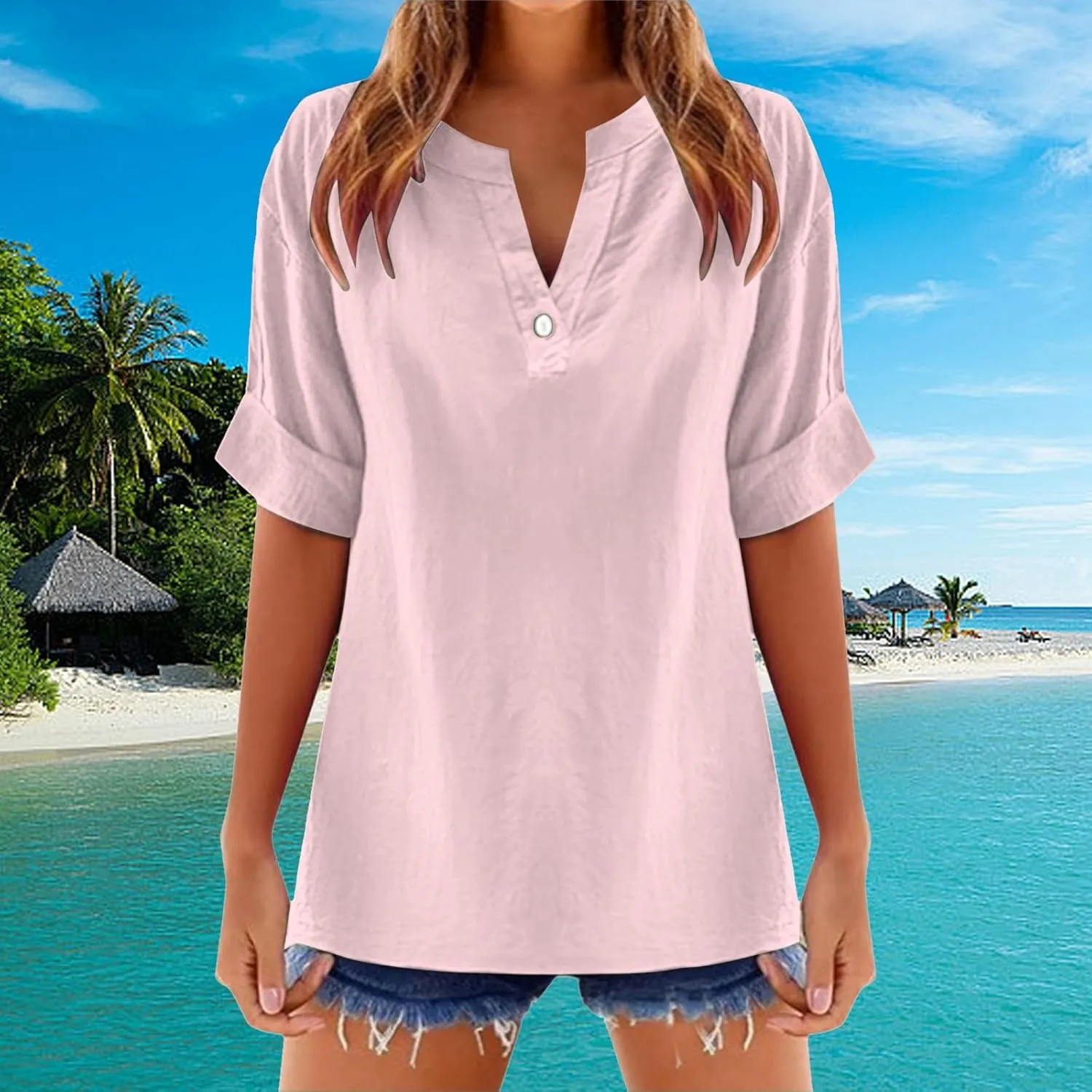 Linen Tops for Women Loose Fitting Summer V Neck Casual Blouses Short Sleeve T Shirts Spring Outfits Trendy Clothes