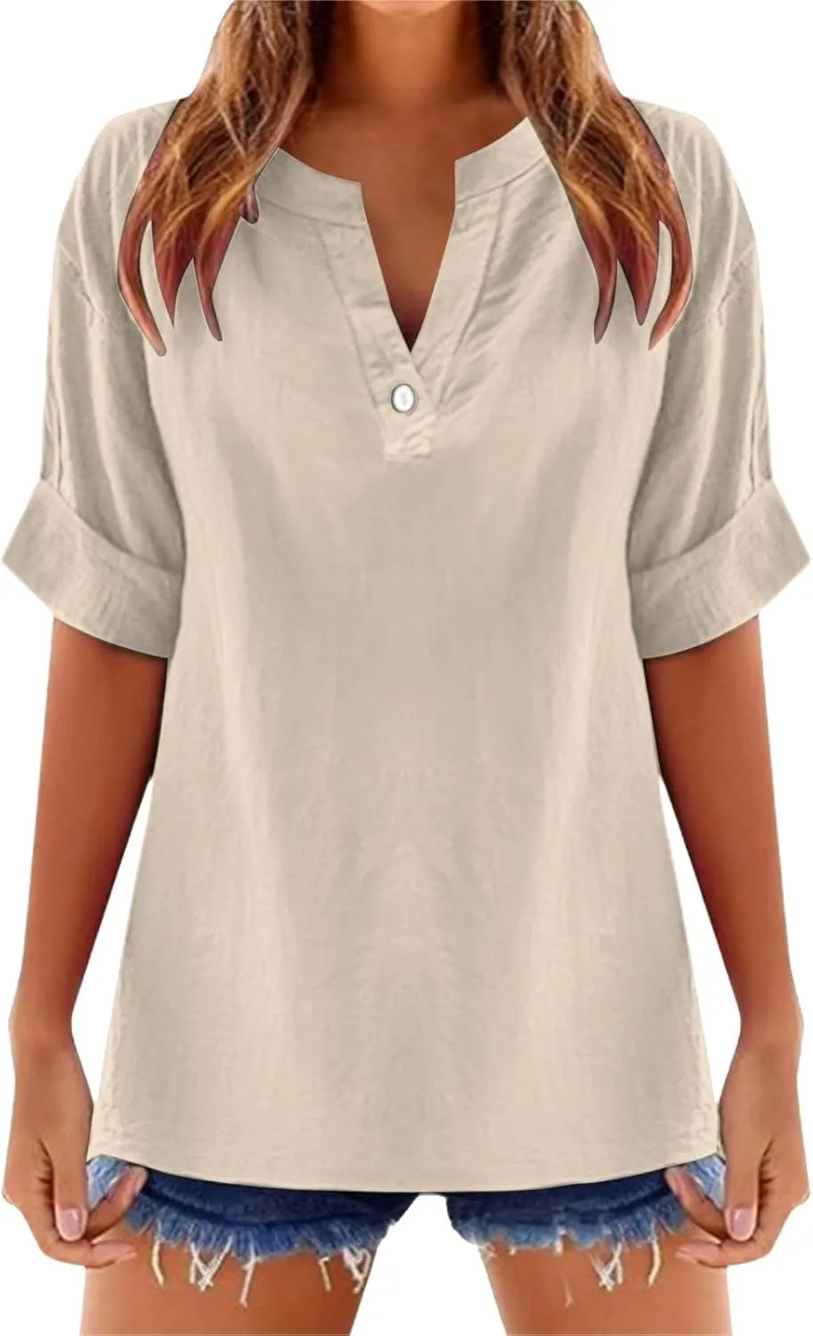 Linen Tops for Women Loose Fitting Summer V Neck Casual Blouses Short Sleeve T Shirts Spring Outfits Trendy Clothes