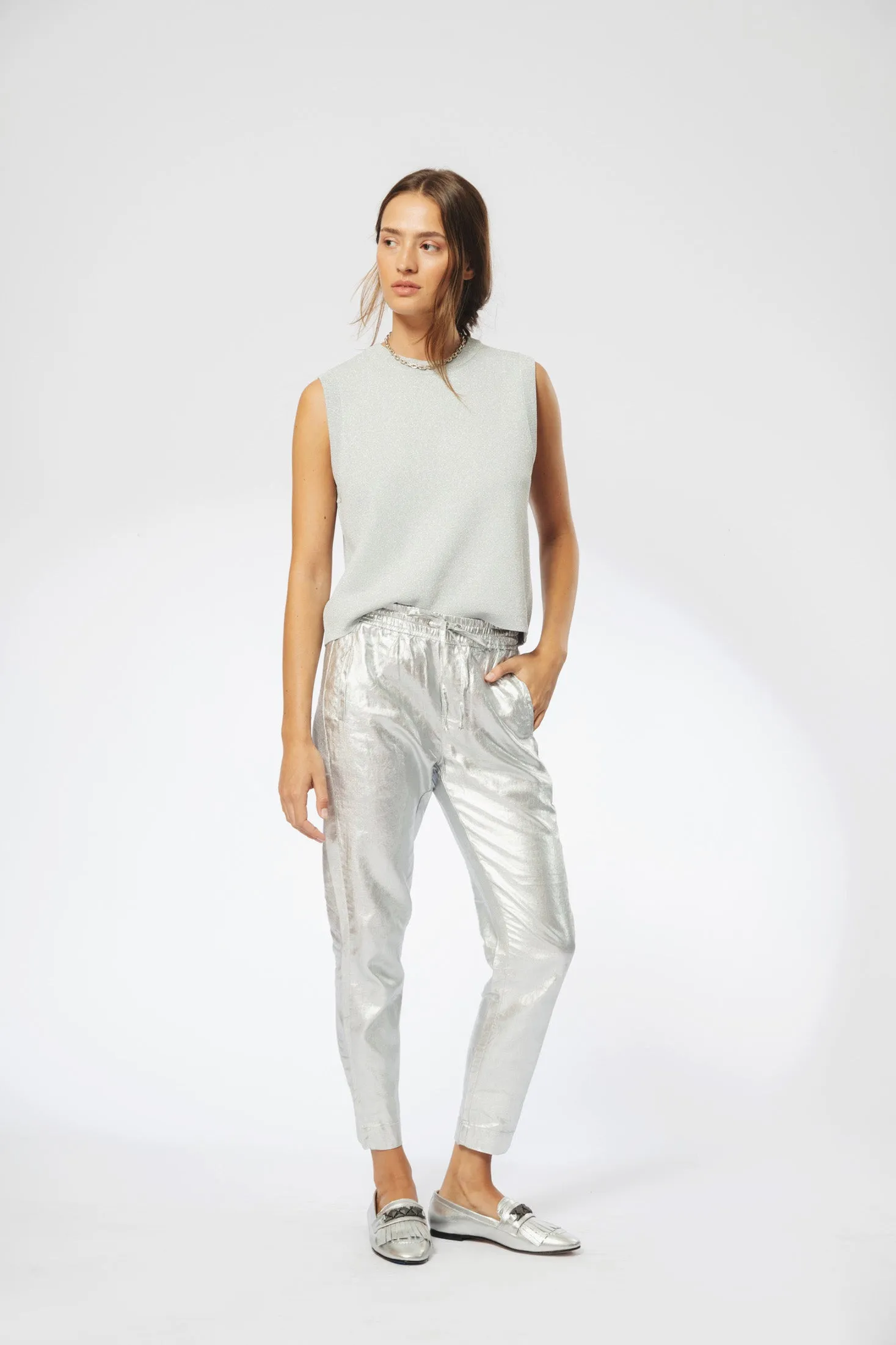 Lotus Metallic Linen Jogger Pants - Silver