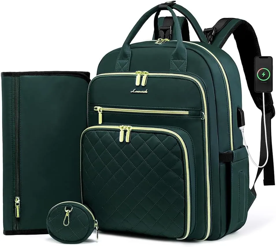 LOVEVOOK Baby Diaper Bag,Waterproof Diaper Backpack with USB Charging Port for Baby, Large Capacity Fit for 15.6 inch Laptop,Dark Green