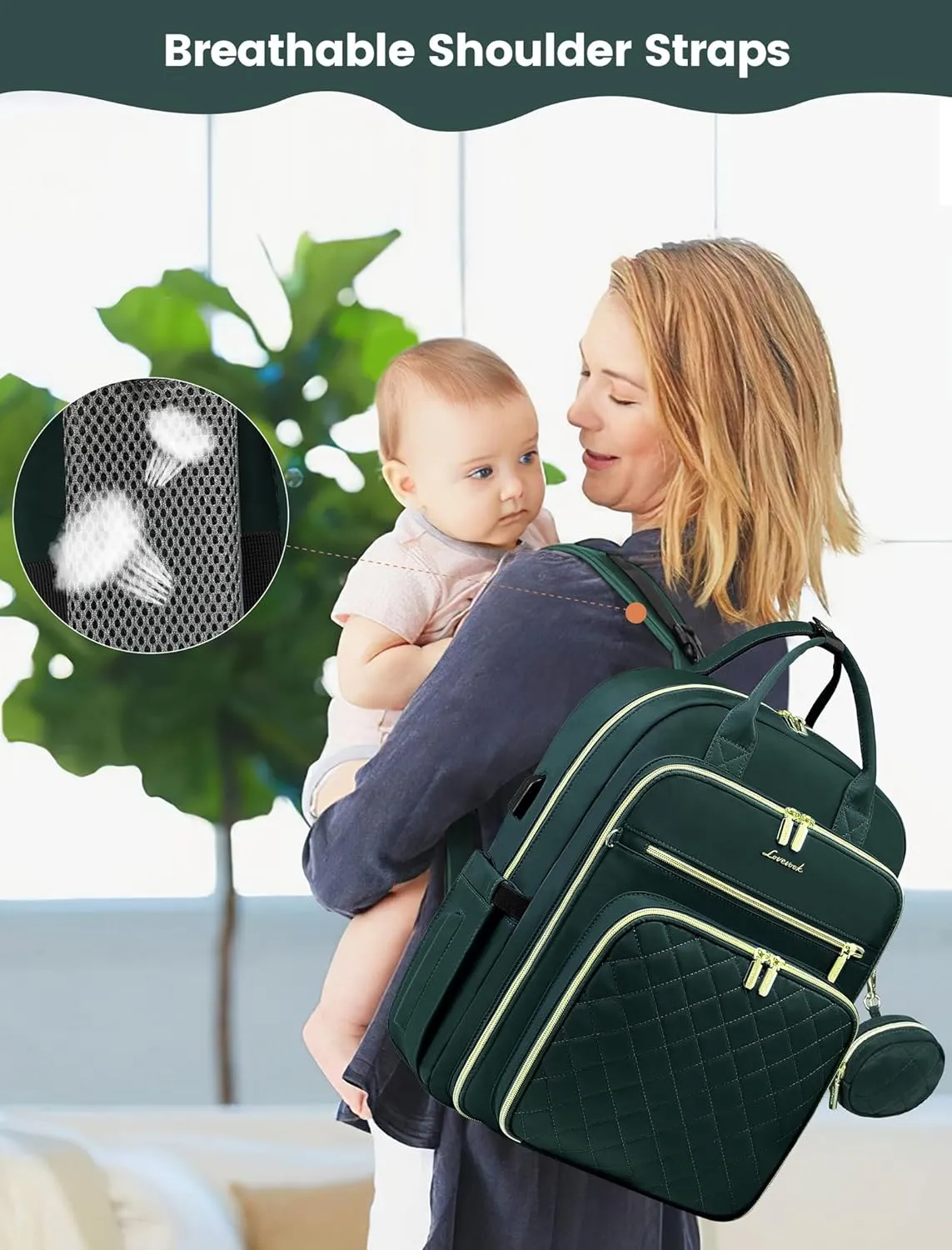 LOVEVOOK Baby Diaper Bag,Waterproof Diaper Backpack with USB Charging Port for Baby, Large Capacity Fit for 15.6 inch Laptop,Dark Green