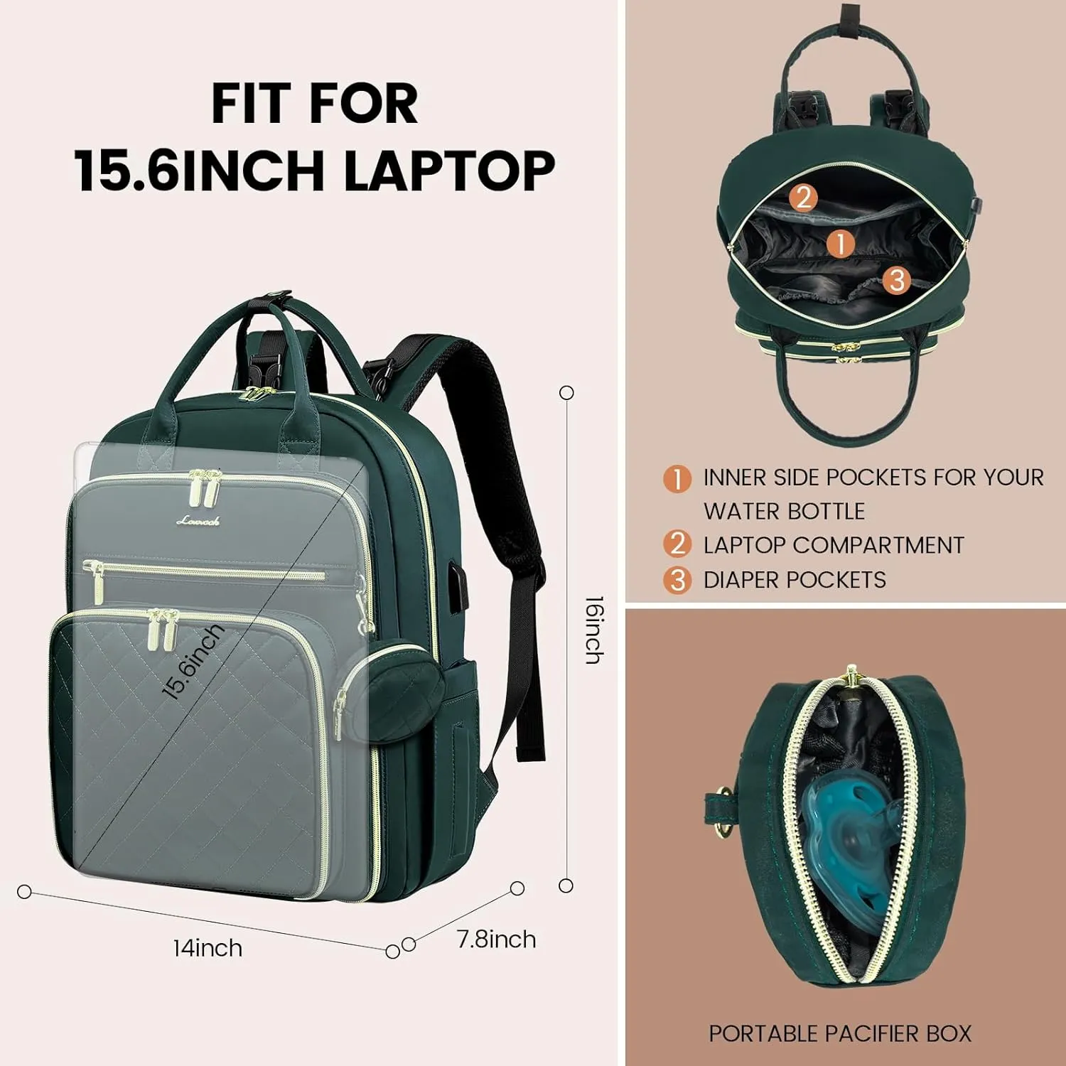 LOVEVOOK Baby Diaper Bag,Waterproof Diaper Backpack with USB Charging Port for Baby, Large Capacity Fit for 15.6 inch Laptop,Dark Green