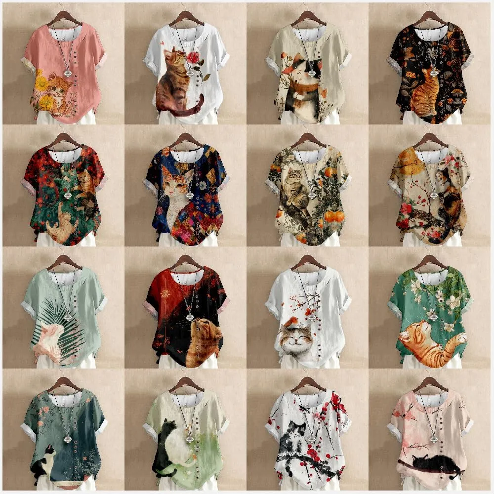 MARSVOVO Cute Summer Tops for Women Cats Print Crew Neck Short Sleeve Plus Size Tee Shirt Casual Fashion T-Shirts