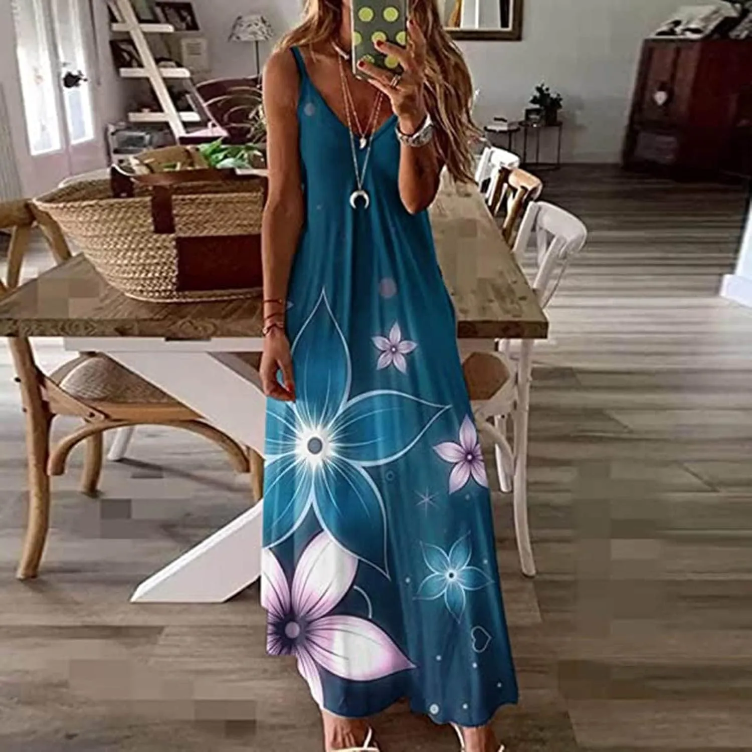 Maxi Dresses for Women 2024 Sexy V Neck Spaghetti Strap Sun Dress Floral Print Flowy Boho Beach Dress Summer Dresses