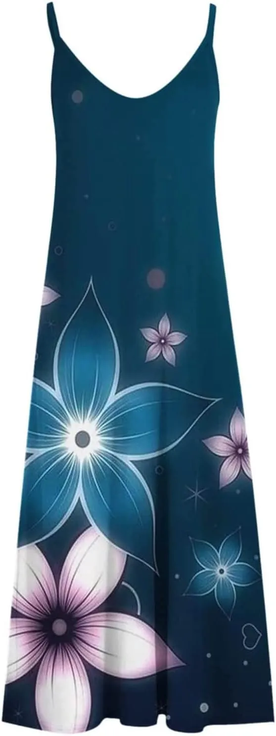 Maxi Dresses for Women 2024 Sexy V Neck Spaghetti Strap Sun Dress Floral Print Flowy Boho Beach Dress Summer Dresses