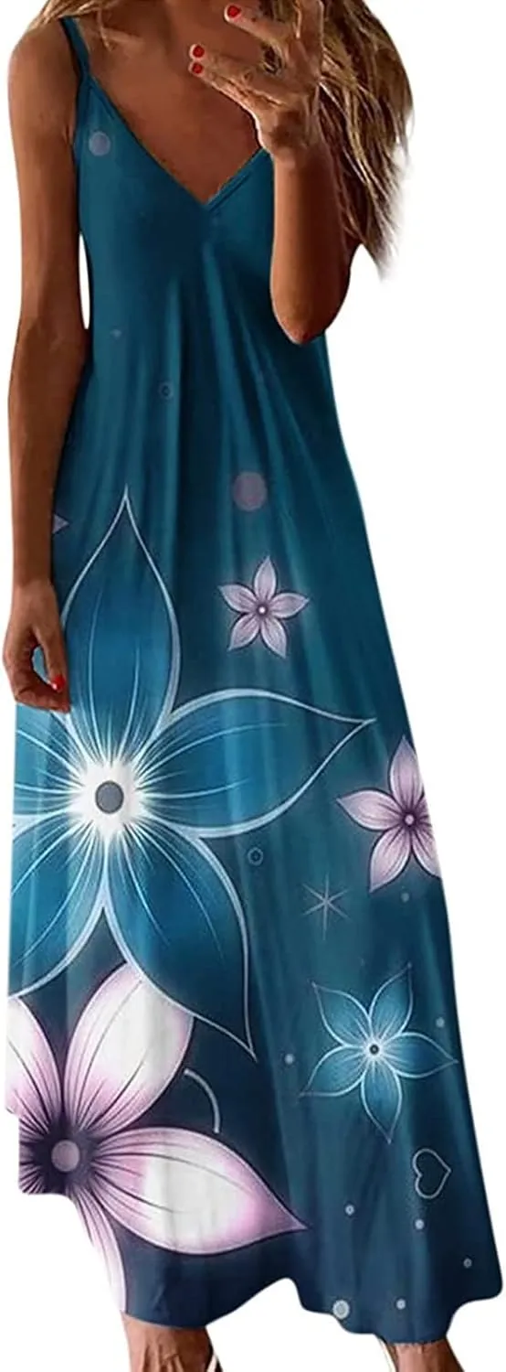 Maxi Dresses for Women 2024 Sexy V Neck Spaghetti Strap Sun Dress Floral Print Flowy Boho Beach Dress Summer Dresses