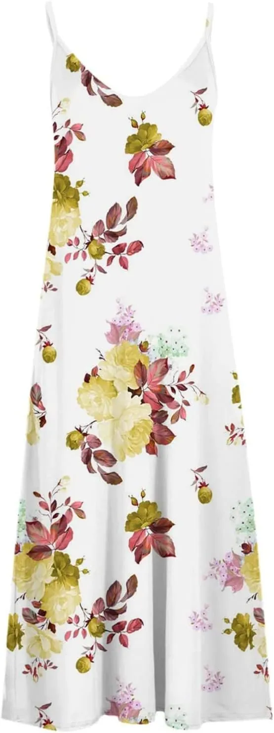 Maxi Dresses for Women 2024 Sexy V Neck Spaghetti Strap Sun Dress Floral Print Flowy Boho Beach Dress Summer Dresses