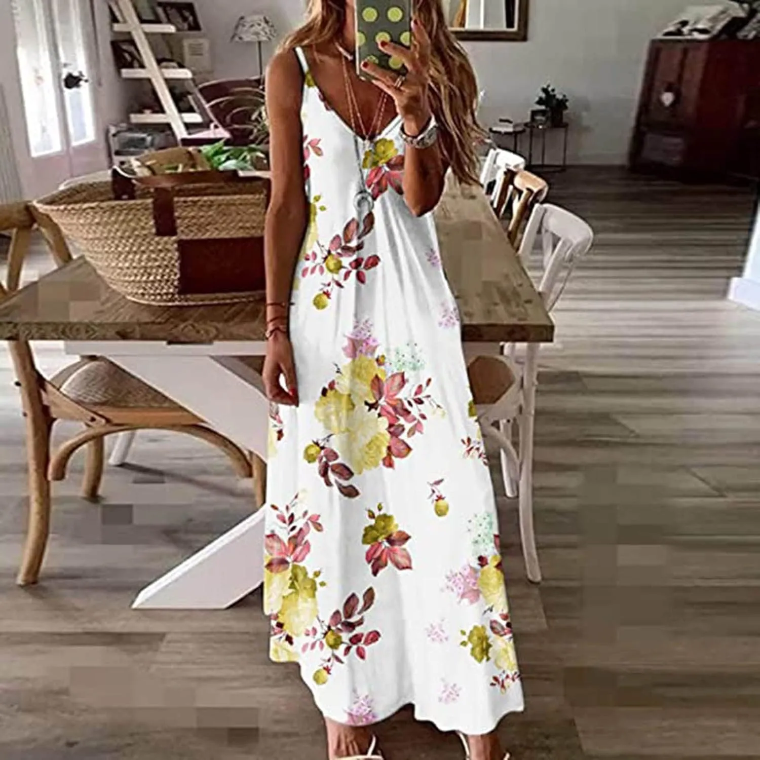Maxi Dresses for Women 2024 Sexy V Neck Spaghetti Strap Sun Dress Floral Print Flowy Boho Beach Dress Summer Dresses