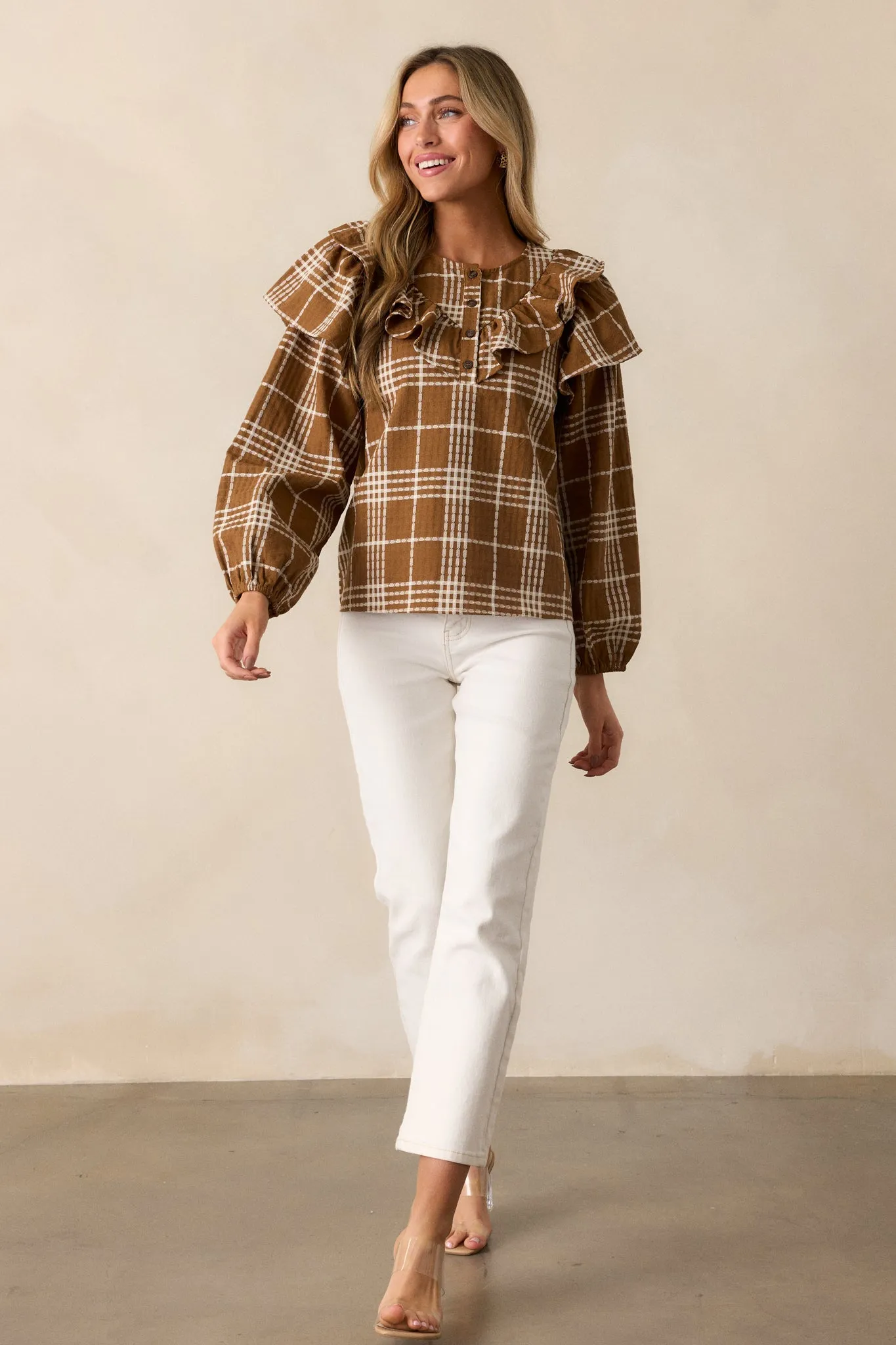 Mellow Moments 100% Cotton Mocha Flutter Sleeve Blouse