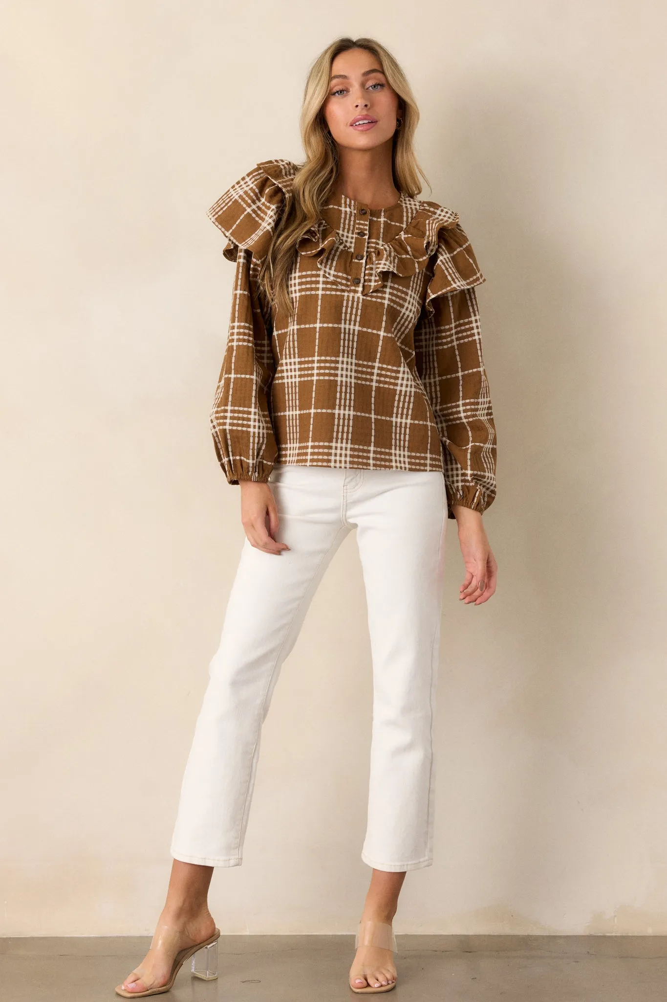 Mellow Moments 100% Cotton Mocha Flutter Sleeve Blouse