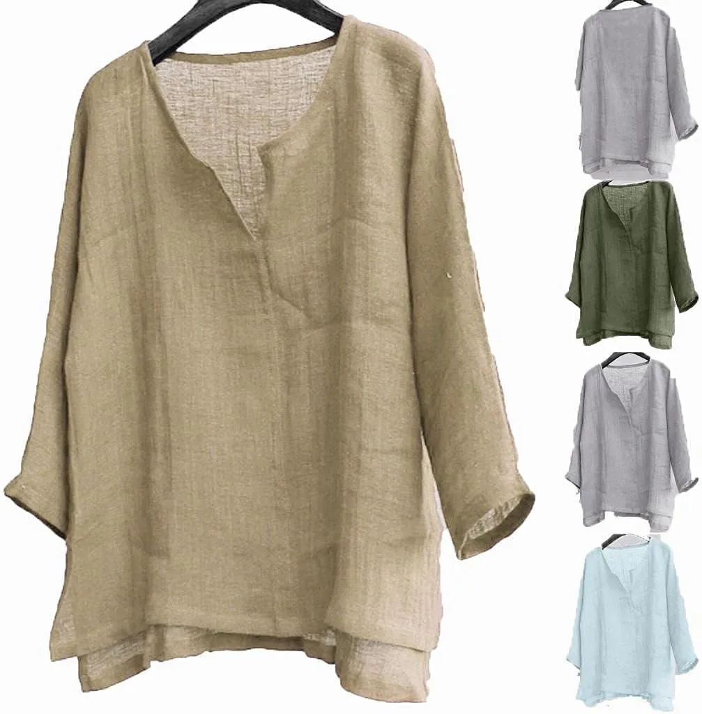 Men Cotton Linen Henley Shirts Hippie Baggy Breathable 3/4 Sleeve Blouse Summer Casual V Neck Beach Yoga Tunic Tops