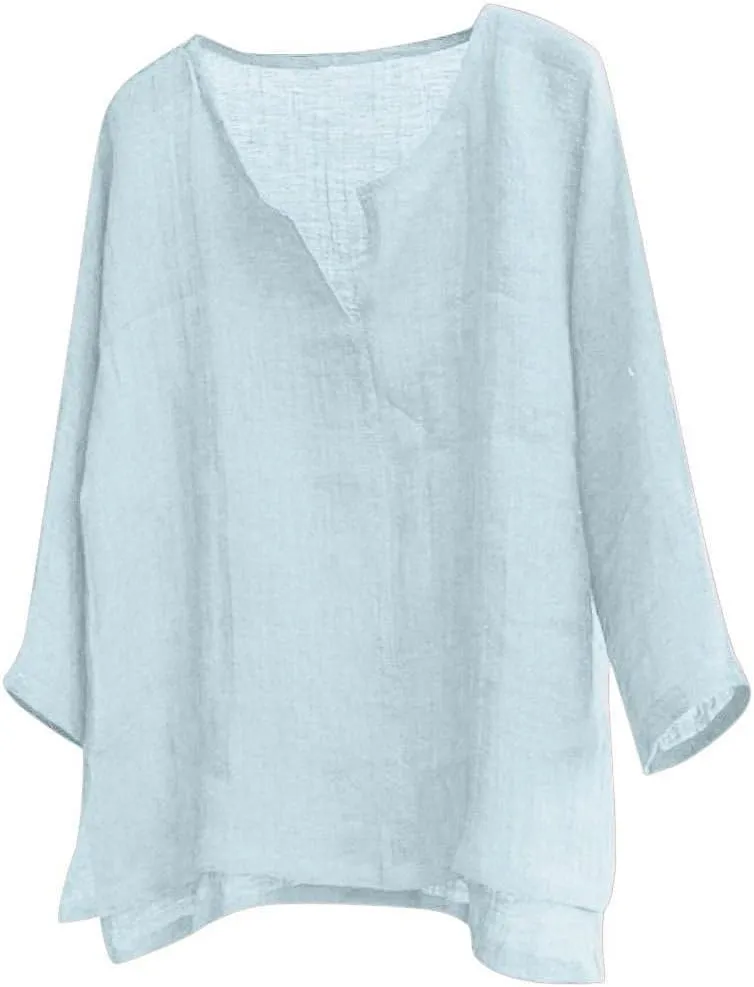 Men Cotton Linen Henley Shirts Hippie Baggy Breathable 3/4 Sleeve Blouse Summer Casual V Neck Beach Yoga Tunic Tops