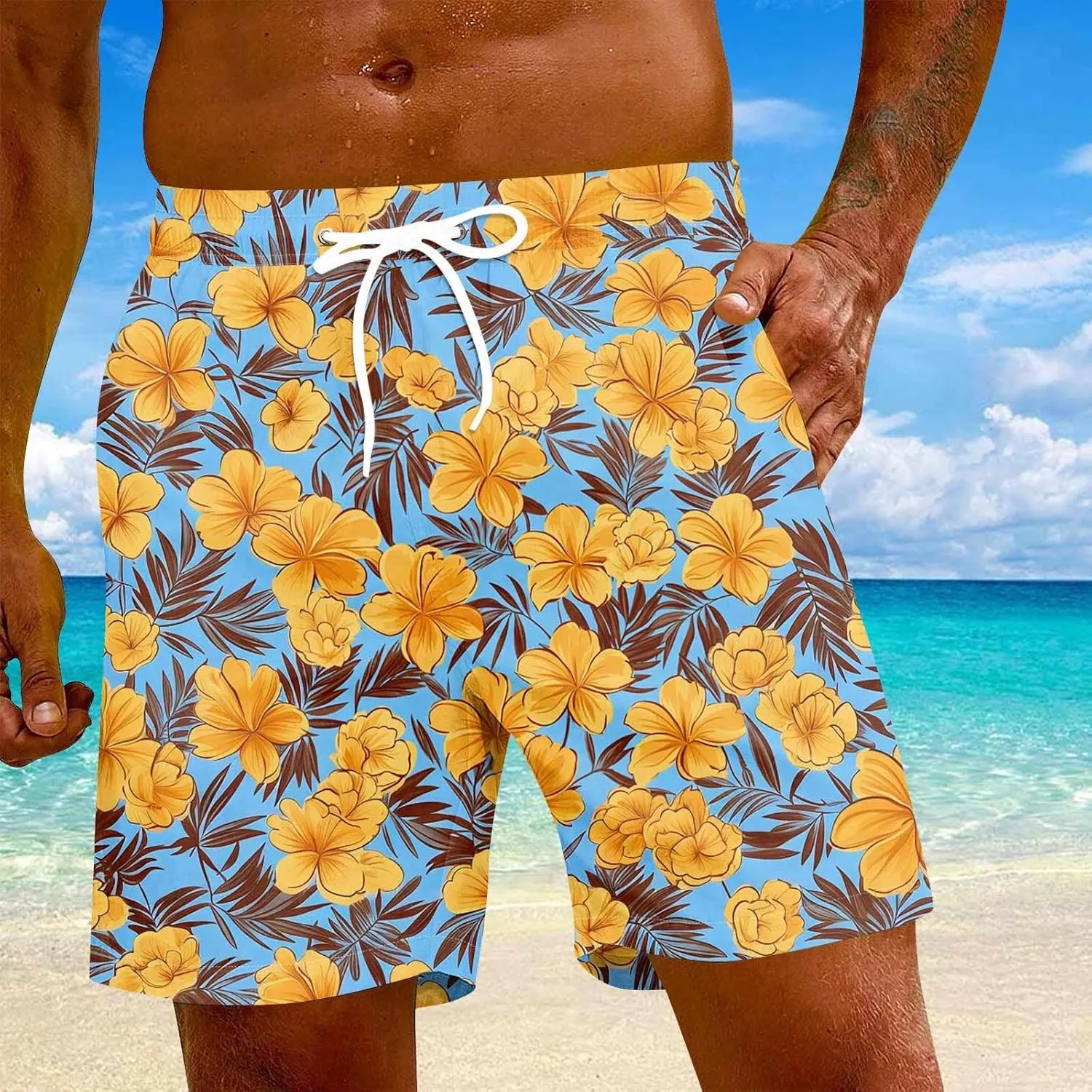 Men Swim Trunks Quick Dry Beach Swim Shorts Stretchy Board Shorts Swimsuits with Pockets