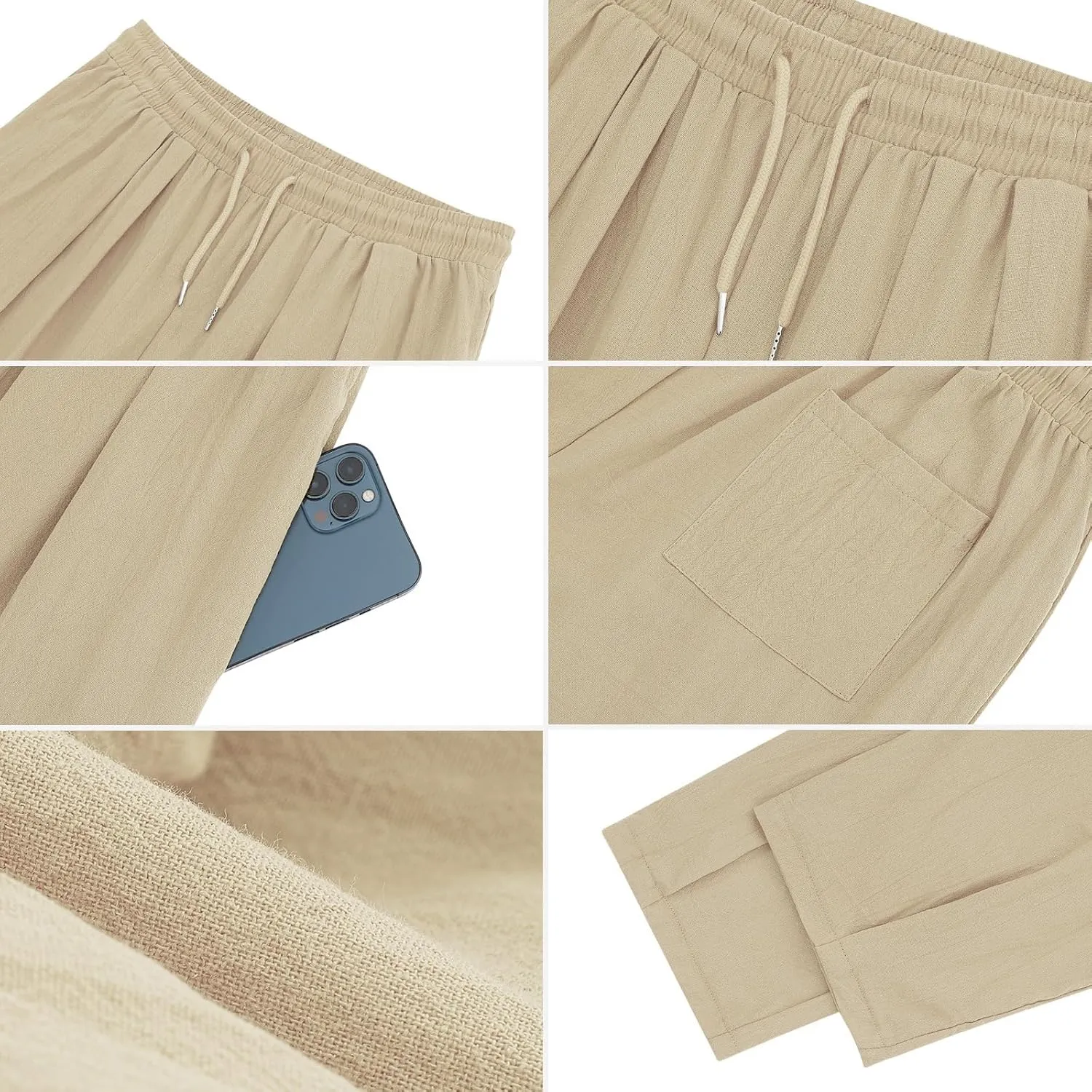 Mens Linen Beach Pants Boho Straight Leg Yoga Pants with Pockets 2025 Baggy Elastic Waist Work Pants Pleated Pants