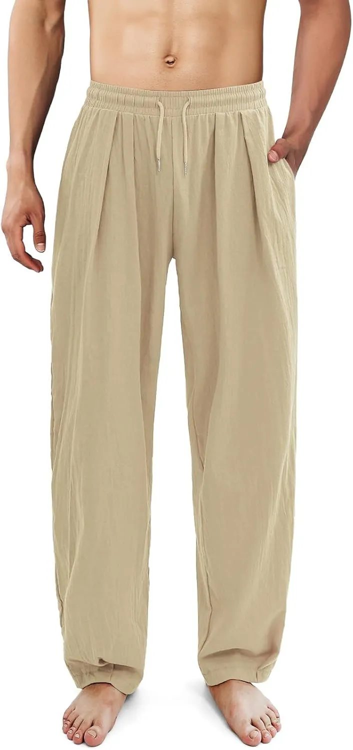 Mens Linen Beach Pants Boho Straight Leg Yoga Pants with Pockets 2025 Baggy Elastic Waist Work Pants Pleated Pants
