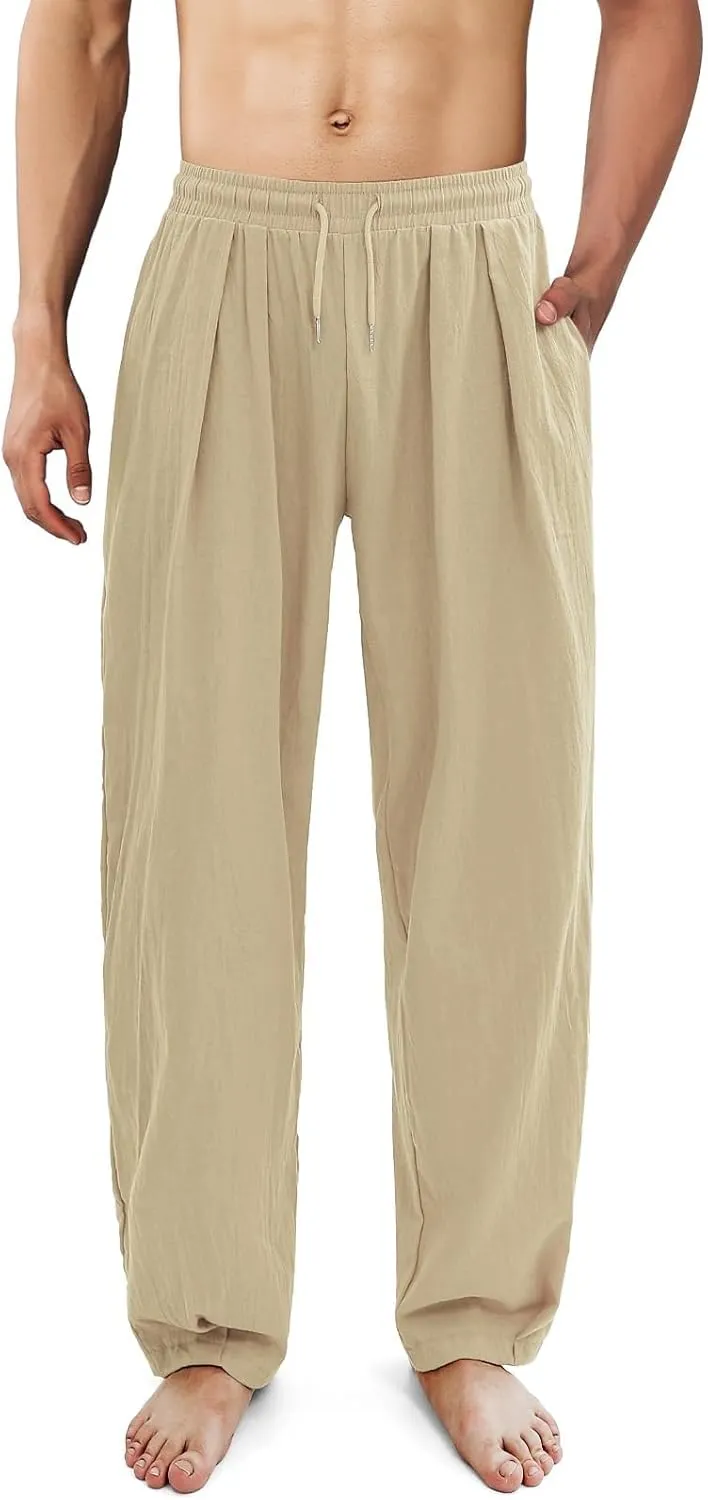 Mens Linen Beach Pants Boho Straight Leg Yoga Pants with Pockets 2025 Baggy Elastic Waist Work Pants Pleated Pants