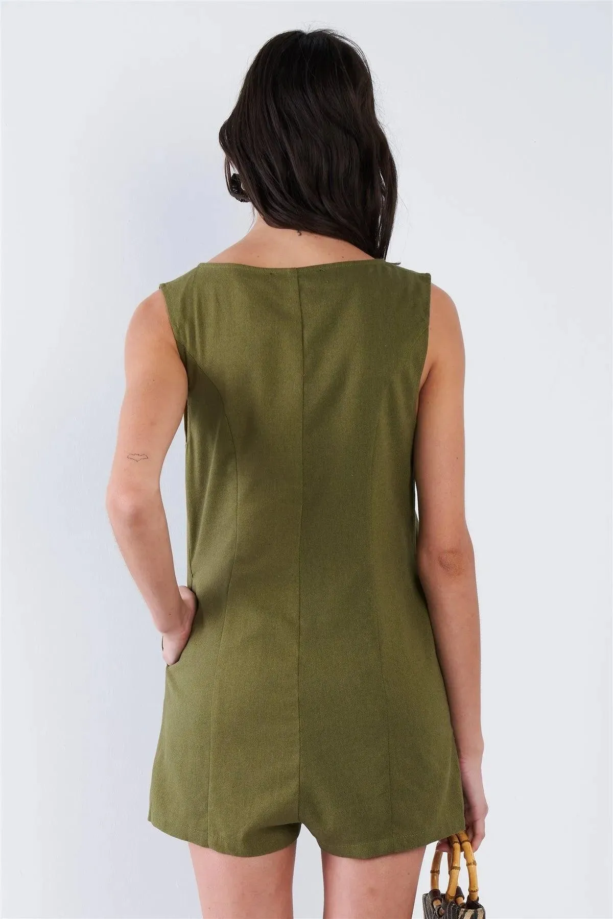 Moss Green Solid Chic V-Neck Front Button Mini Short Romper