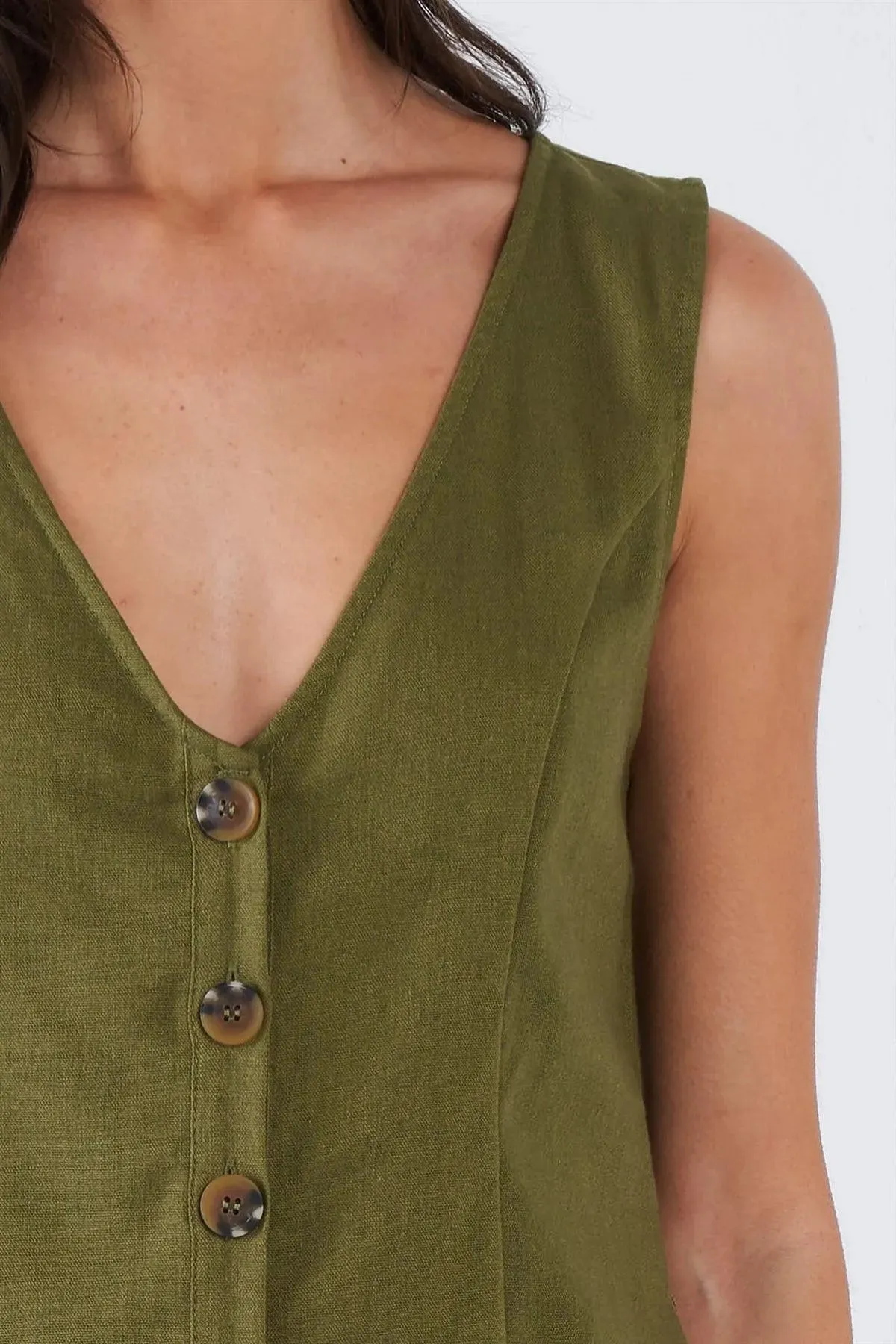 Moss Green Solid Chic V-Neck Front Button Mini Short Romper