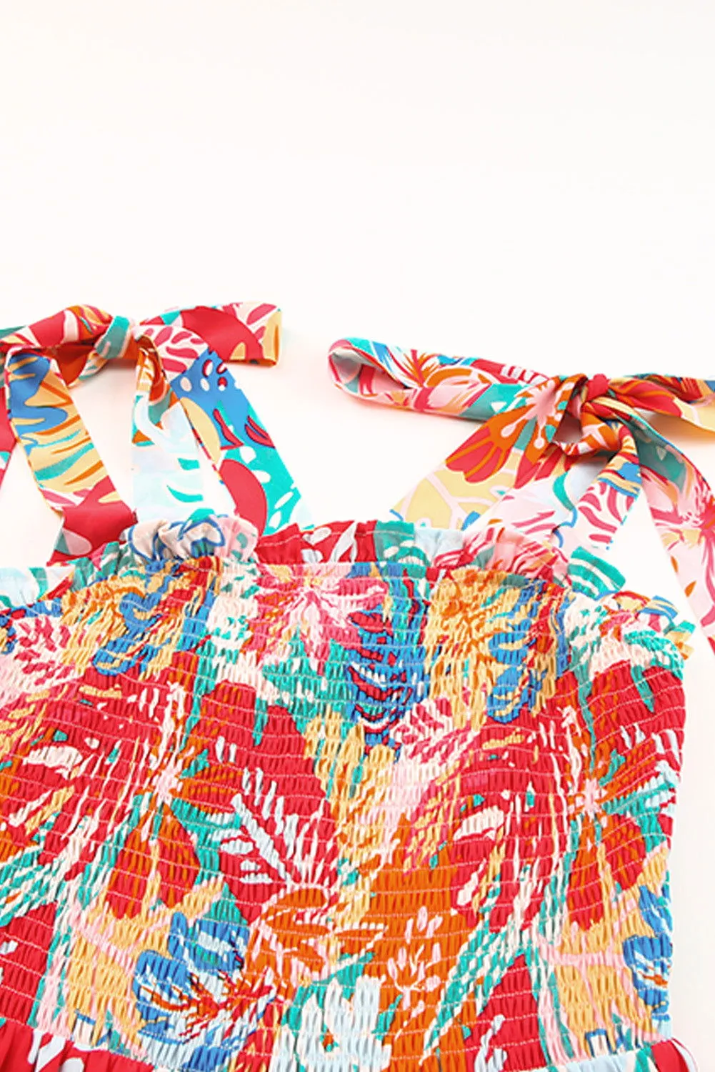 Multicolor Boho Tropical Print Smocked Ruffle Tiered Maxi Dress