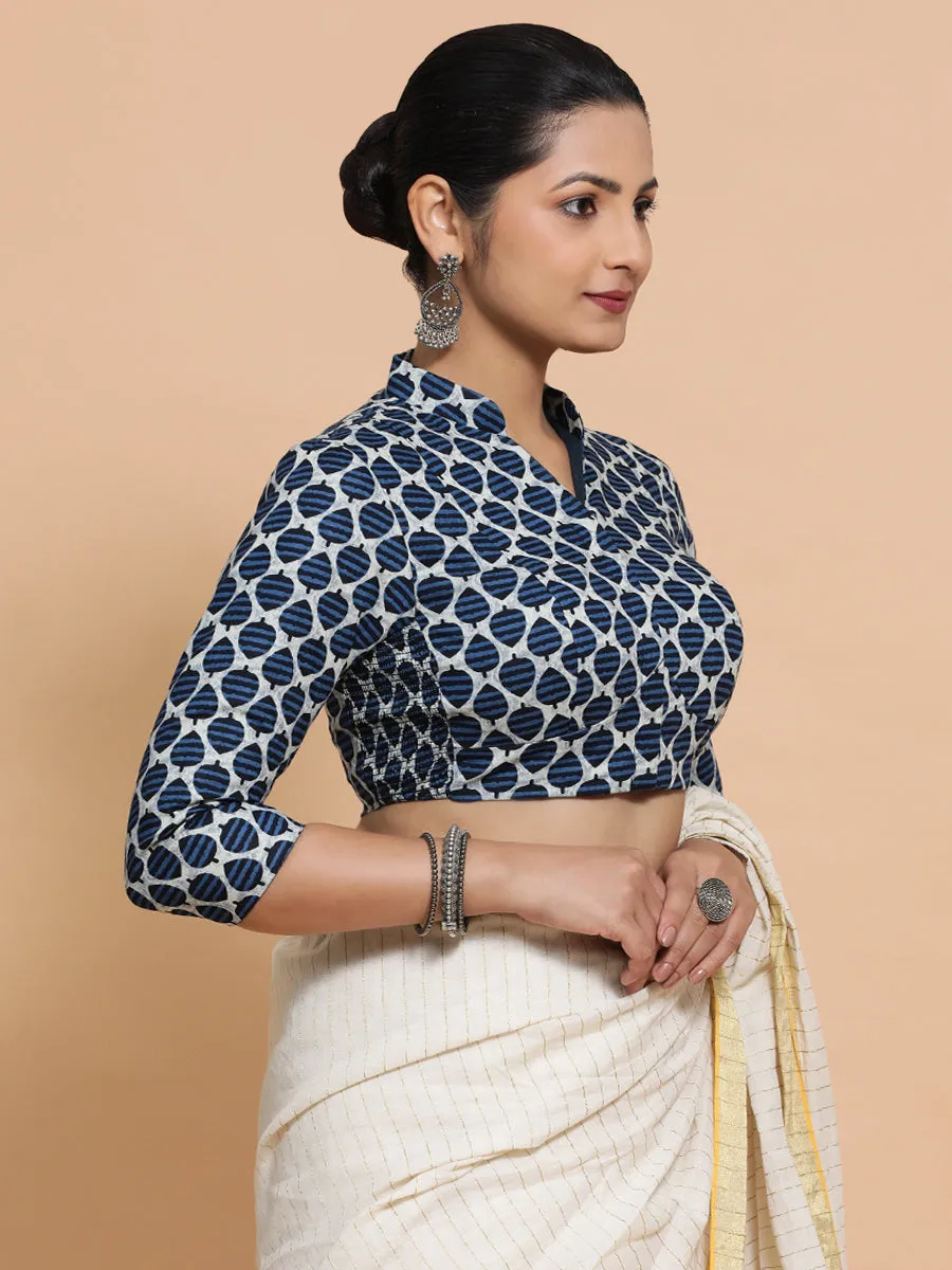 Muskaan x Rozaana | Three Quarter Sleeves Cotton Saree Blouse in Indigo Blue Leaf Block Print Fabric