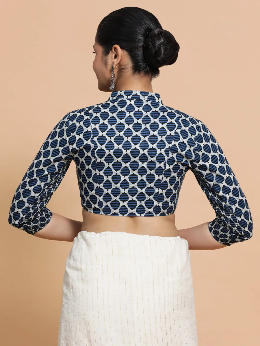 Muskaan x Rozaana | Three Quarter Sleeves Cotton Saree Blouse in Indigo Blue Leaf Block Print Fabric