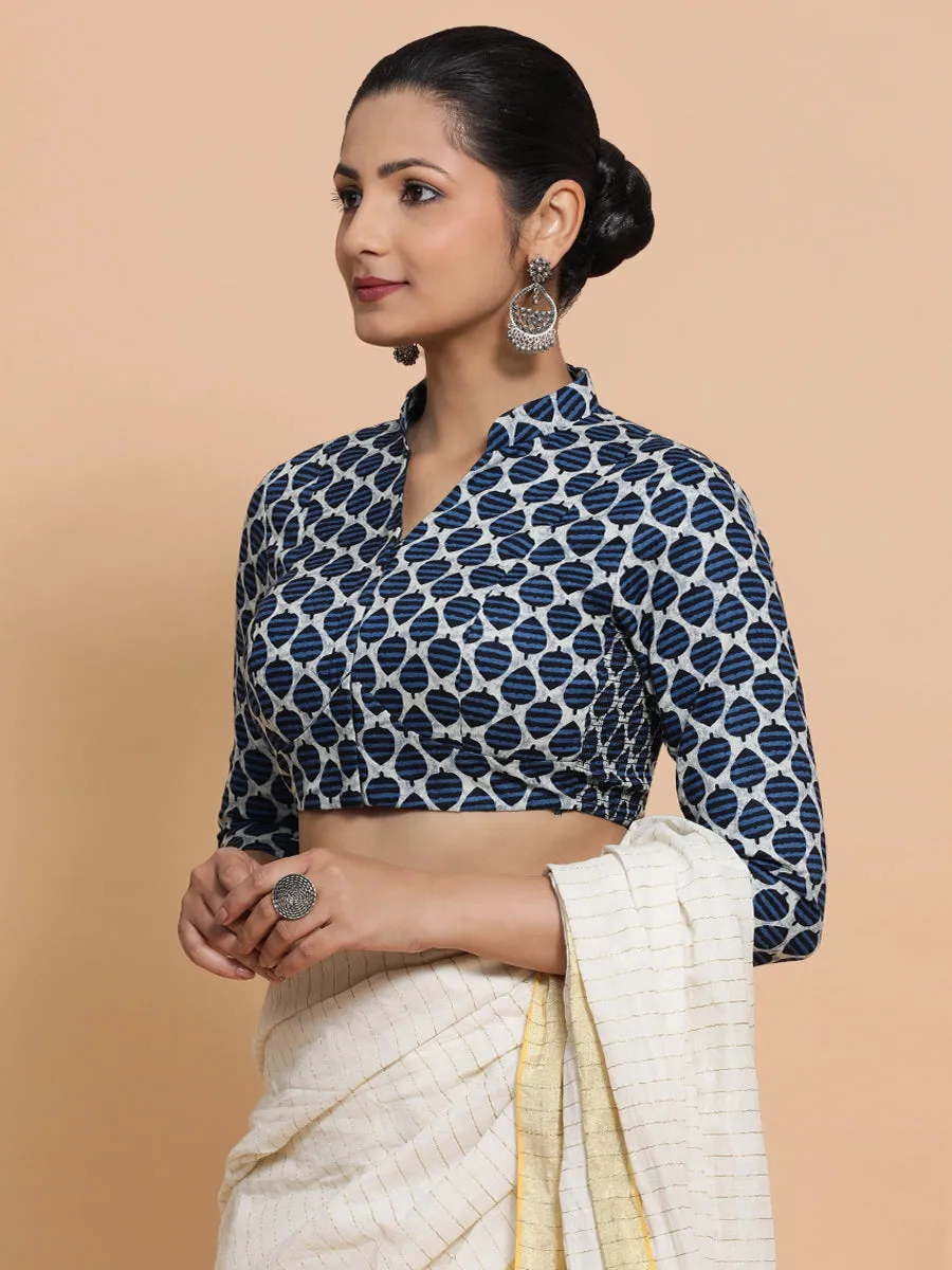 Muskaan x Rozaana | Three Quarter Sleeves Cotton Saree Blouse in Indigo Blue Leaf Block Print Fabric