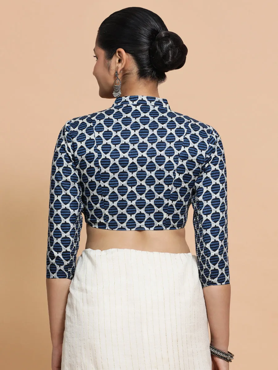 Muskaan x Rozaana | Three Quarter Sleeves Cotton Saree Blouse in Indigo Blue Leaf Block Print Fabric