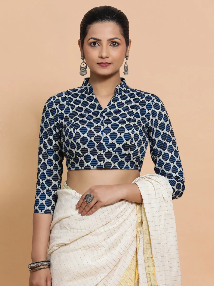 Muskaan x Rozaana | Three Quarter Sleeves Cotton Saree Blouse in Indigo Blue Leaf Block Print Fabric