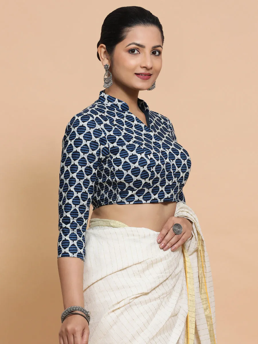 Muskaan x Rozaana | Three Quarter Sleeves Cotton Saree Blouse in Indigo Blue Leaf Block Print Fabric