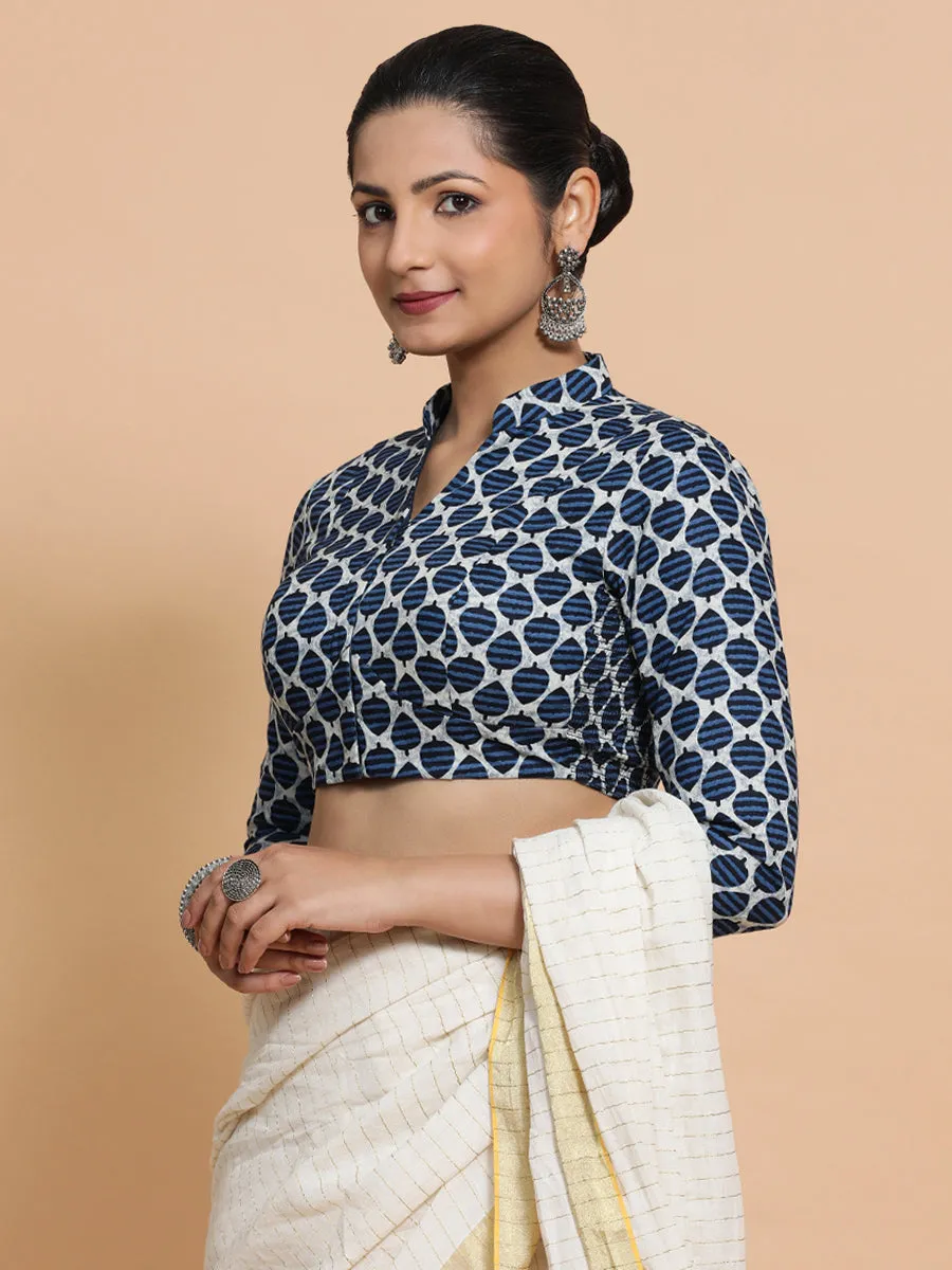 Muskaan x Rozaana | Three Quarter Sleeves Cotton Saree Blouse in Indigo Blue Leaf Block Print Fabric