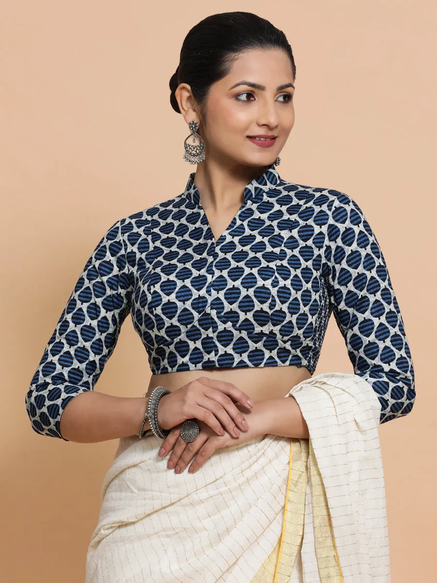 Muskaan x Rozaana | Three Quarter Sleeves Cotton Saree Blouse in Indigo Blue Leaf Block Print Fabric