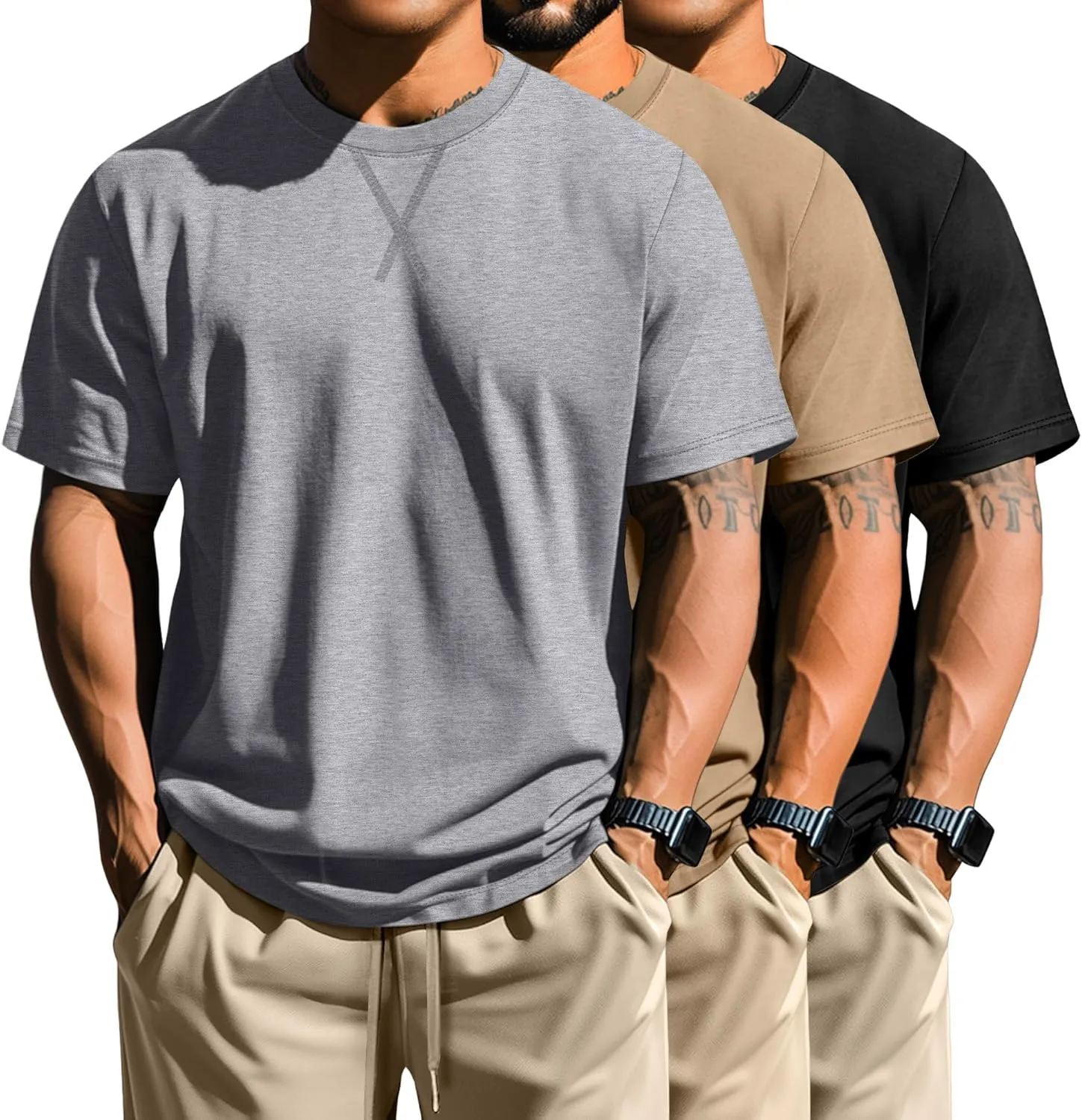 Neer 3 Pack Men's Big and Tall T-Shirts Cotton Short Sleeve Crewneck Plus Size Tee Shirts Hipster Longline Tops(Khaki, Light Grey, Black,3X-Large)