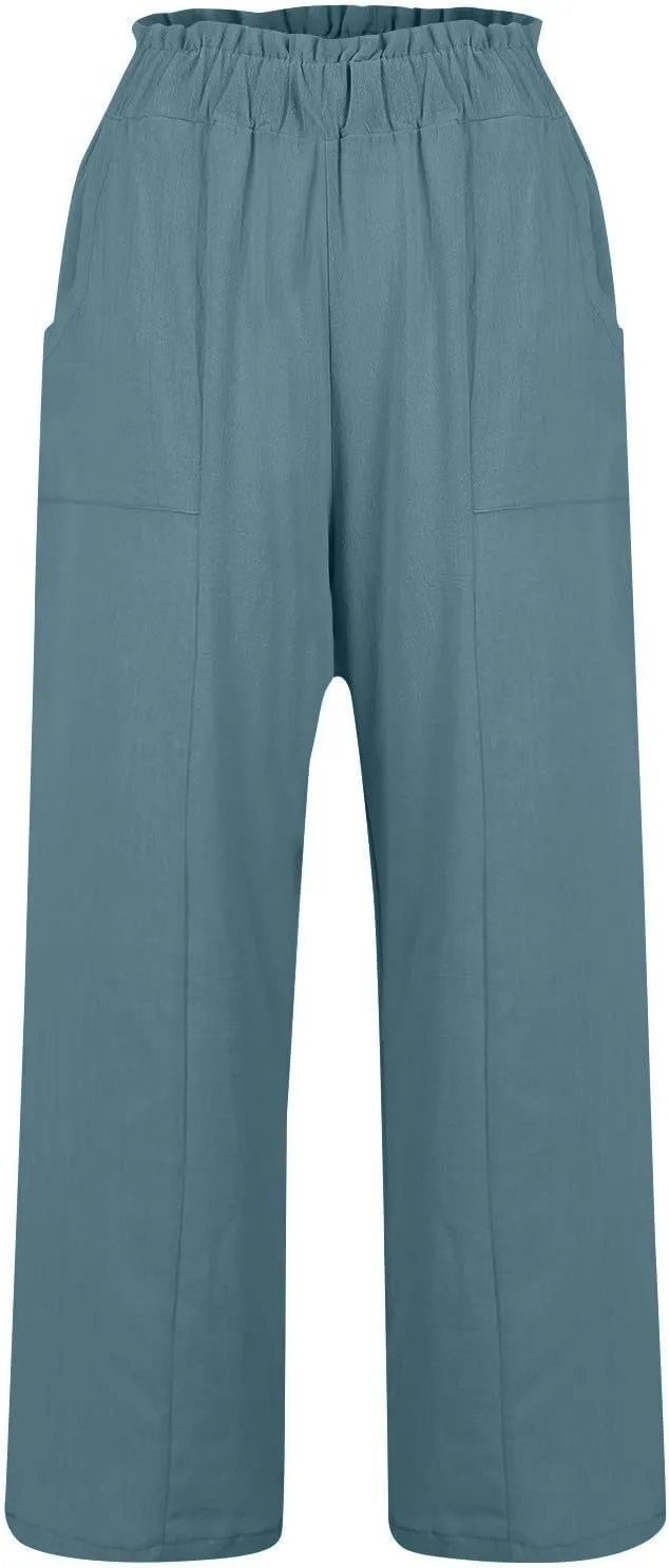 Palazzo Linen Pants for Women Elastic High Waisted Wide Leg Pants Flowy Lounge Pants Summer Beach Pants with Pockets