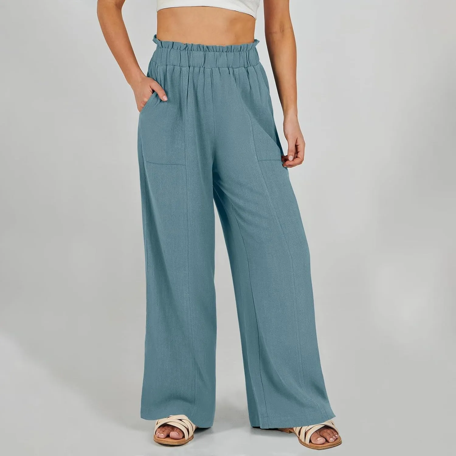 Palazzo Linen Pants for Women Elastic High Waisted Wide Leg Pants Flowy Lounge Pants Summer Beach Pants with Pockets