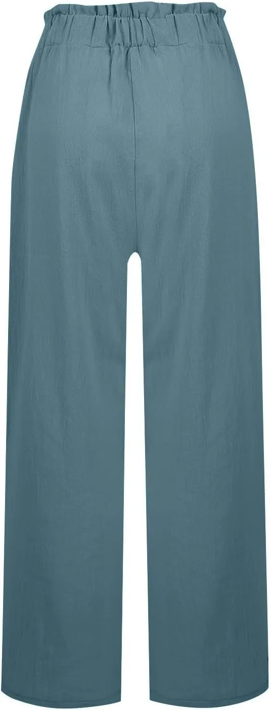 Palazzo Linen Pants for Women Elastic High Waisted Wide Leg Pants Flowy Lounge Pants Summer Beach Pants with Pockets